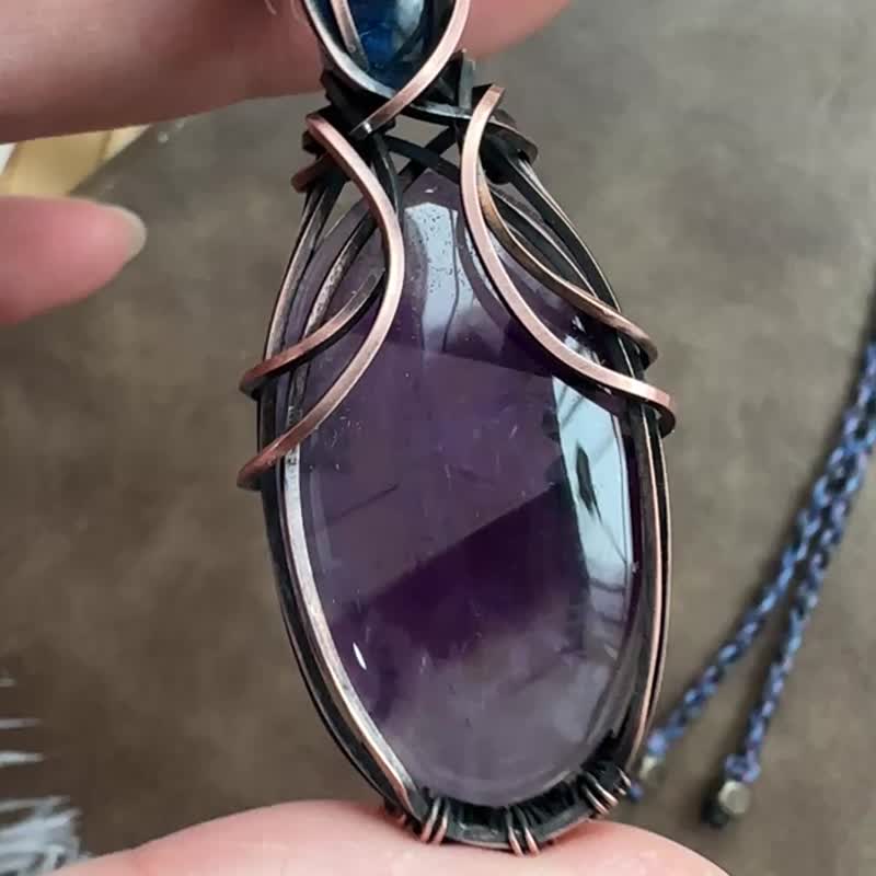 WW408 民族风 绕铜线复古做旧 wire wrap 蓝晶石 紫水晶 颈链 - 项链 - 铜/黄铜 咖啡色