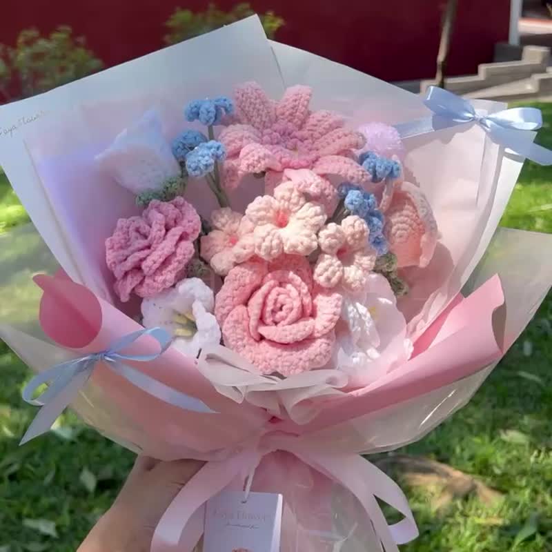 狮子座专属生日花束  编织花 钩织花 针织花 生日花束七夕 - 干燥花/捧花 - 棉 粉红色