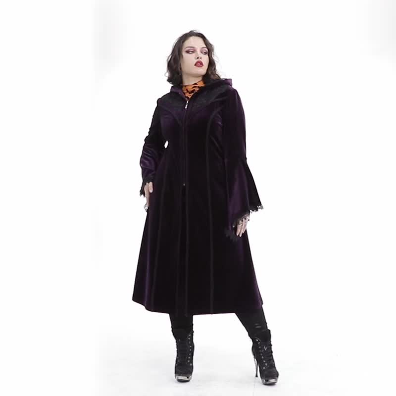 【大尺码】哥德巫师姊妹会丝绒连帽外套 - 黑 / 紫 - 女装休闲/机能外套 - 其他材质 紫色