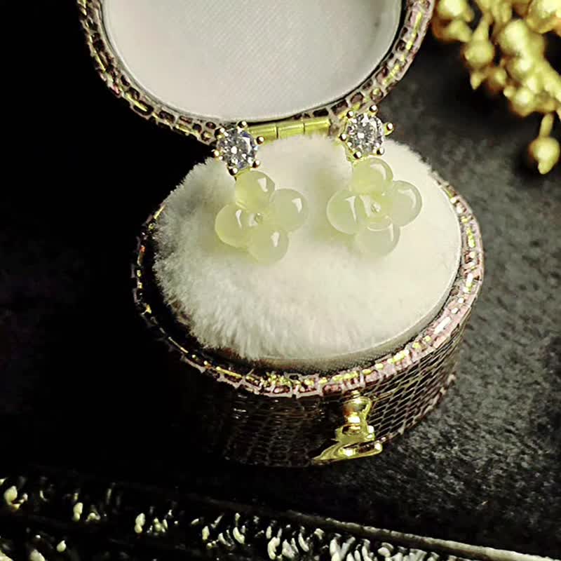 招财•贵人•富贵|冰胶黄翡桂花|缅甸A货翡翠纯银订制款耳环 - 耳环/耳夹 - 玉石 多色