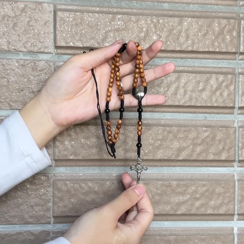 初领圣餐 小型玫瑰经念珠项鍊(橄榄木5mm)黑玛瑙石 橄榄木8230507 - 项链 - 木头 多色