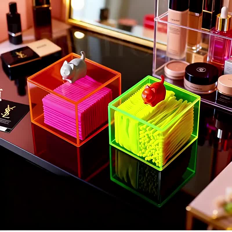 可愛貓咪 螢光色壓克力化妝棉 棉花棒方形收納盒 - 收纳用品 - 压克力 多色