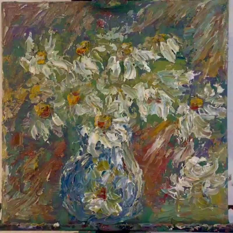 Daisies aceo original oil painting on canvas,impasto impressionistic artwork - 墙贴/壁贴 - 其他材质 橘色