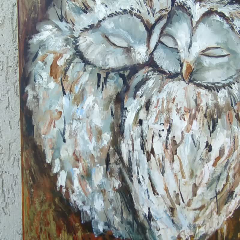 Owl Painting Original Art Canvas Couple Bird Two Owls Love Couple Birds Lovers - 海报/装饰画/版画 - 其他材质 咖啡色