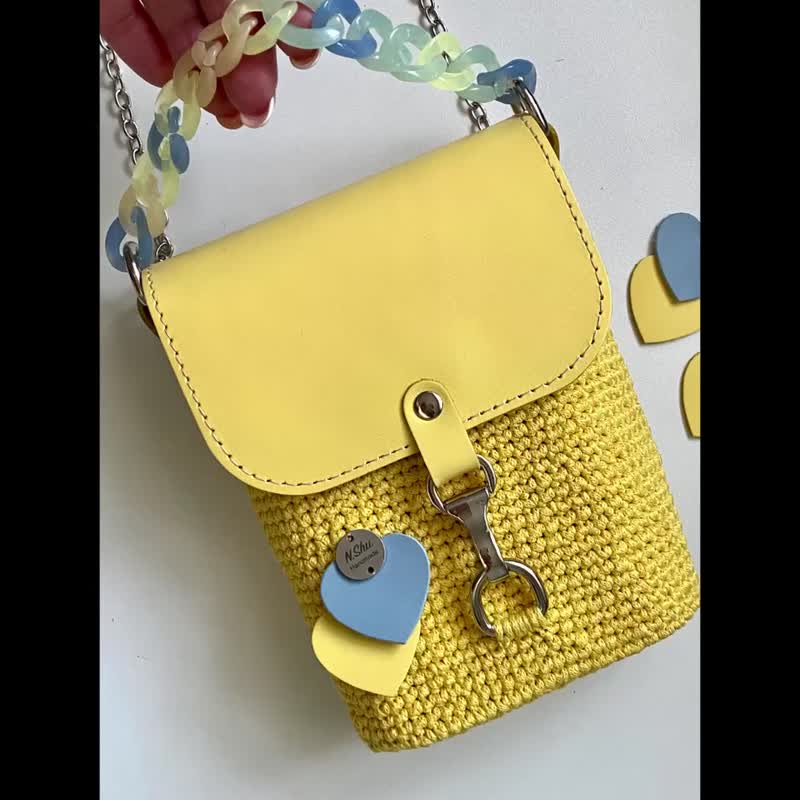 Sunny bag Phone bag Bag for telephone Handbag Mini bag Crochet bag - 手提包/手提袋 - 聚酯纤维 黄色