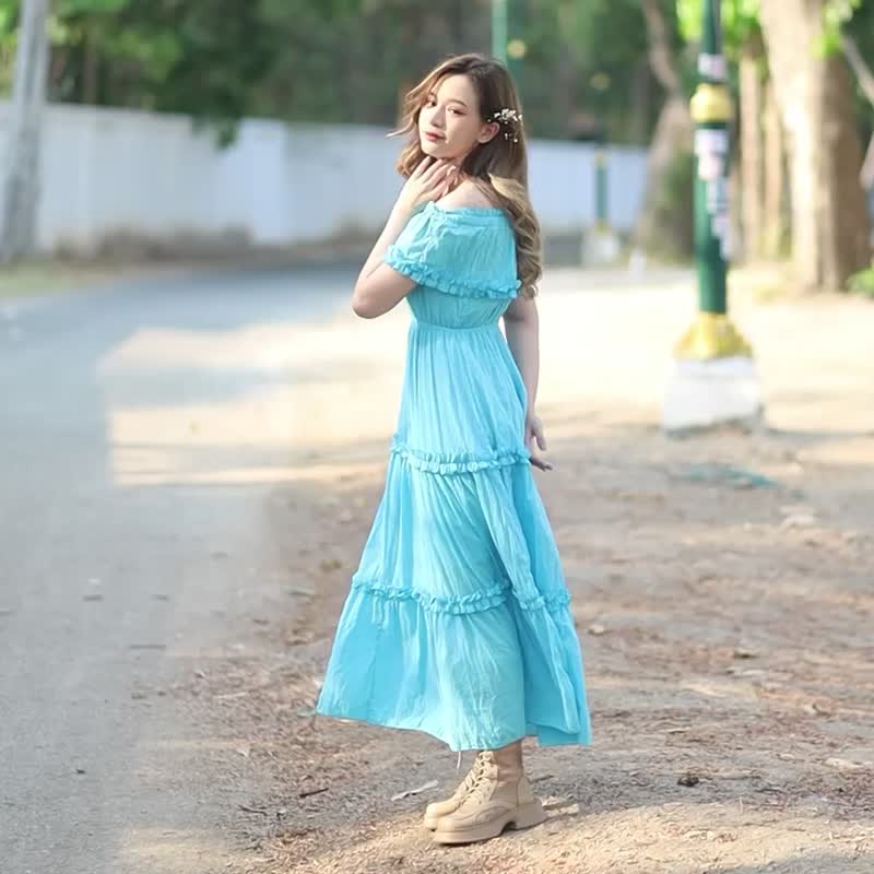 波希米亚风斜肩长洋装 - 洋装/连衣裙 - 棉．麻 白色