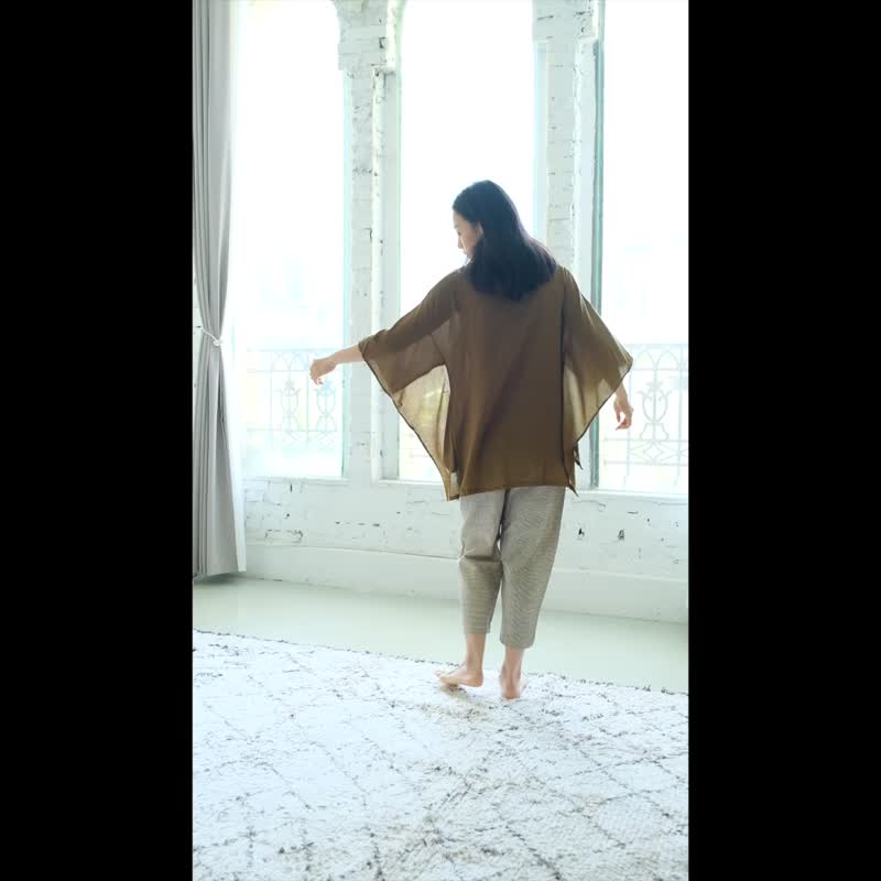 OMAKE 小翅膀五分袖上衣 / 嫘萦 土黄 - 女装上衣 - 棉 咖啡色