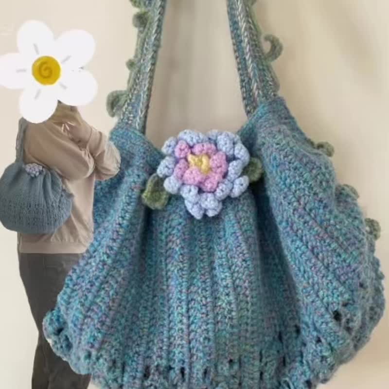 花朵祖母肩背包袋 独一无二 编织包 手做 - 侧背包/斜挎包 - 羊毛 蓝色