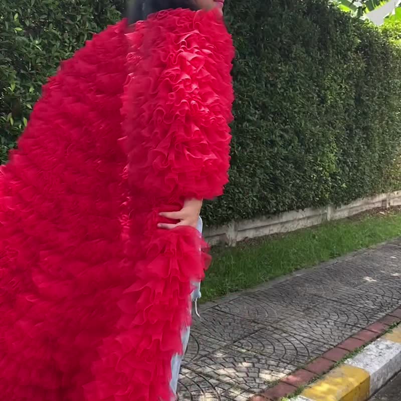 圣诞节用网布装饰的红夹克。一件长夹克盖住了整套衣服。 - 男装外套 - 聚酯纤维 红色