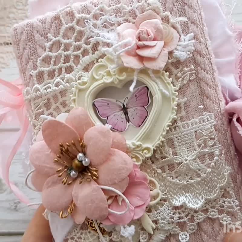 桃红玫瑰垃圾日记手工空白蕾丝花卉乳制品女性优雅笔记本 - 笔记本/手帐 - 纸 粉红色