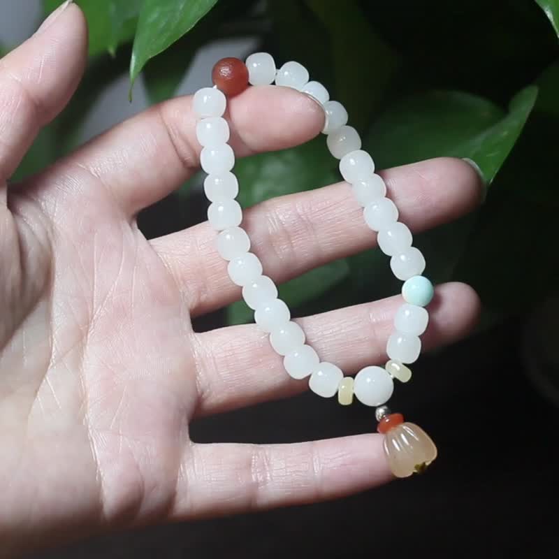 【和田玉手串】手链红玛瑙/金丝玉南瓜珠/玉石小众元旦生日礼物 - 手链/手环 - 玉石 白色