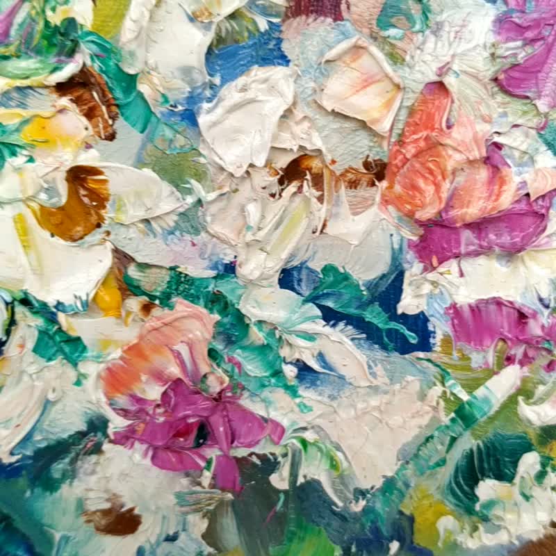 Daisy Painting Flower Original Art Bouquet Artwork Impasto Floral Impressionism - 海报/装饰画/版画 - 木头 多色