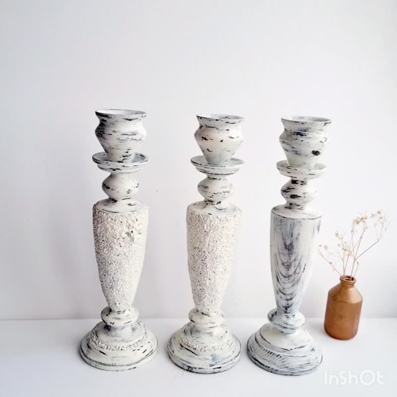 White wooden candle holders Set of 3 tall white wash wood candlestick holder - 蜡烛/烛台 - 木头 白色