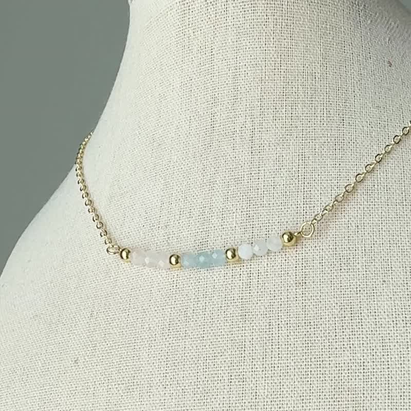 粉晶 海蓝宝 月光石 3MM 天然石水晶项链 (一条连盒) 礼物 - 项链 - 其他金属 粉红色