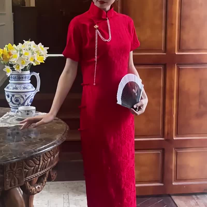 紅色 海棠 暗紋開襟低開衩盤扣旗袍  復古改良中式新娘敬酒服禮服 - 旗袍 - 聚酯纤维 红色