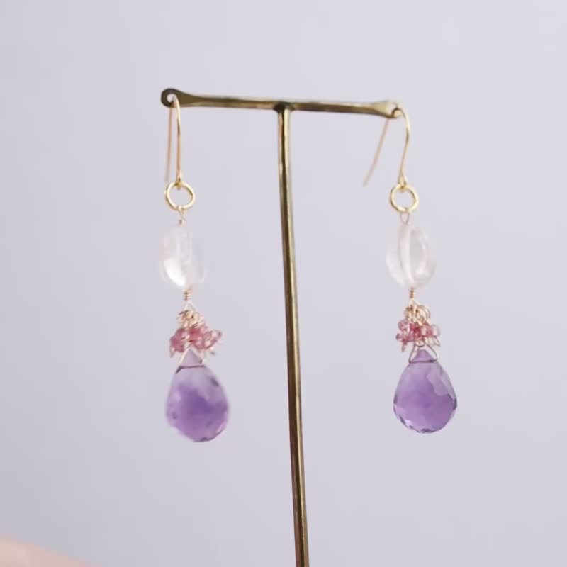 佩戴温柔光芒 三色天然石耳饰 - 耳环/耳夹 - 石头 紫色