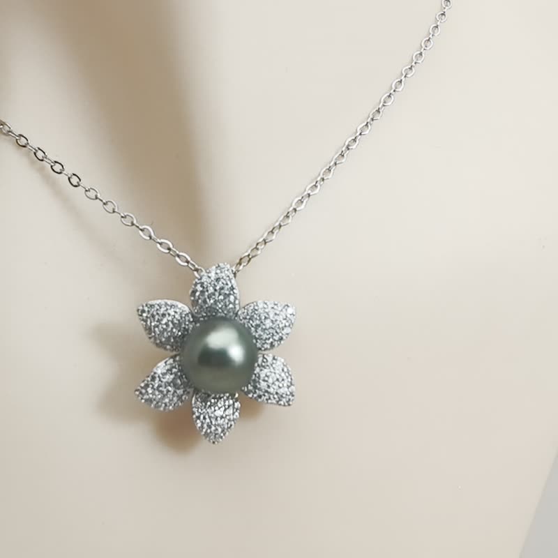 花朵 天然海水珍珠 大溪地黑珍珠 孔雀绿 吊坠 赠项链 - 项链 - 珍珠 黑色