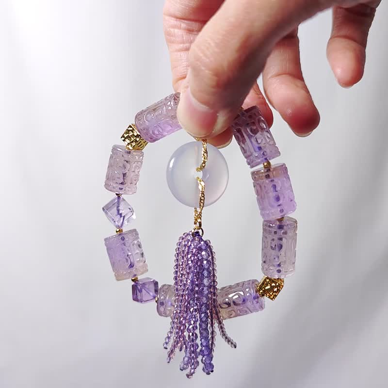 顶级紫黄晶回纹 白玉瓍古钱 流苏 智慧 招财 手链 单品 礼物 - 手链/手环 - 宝石 紫色