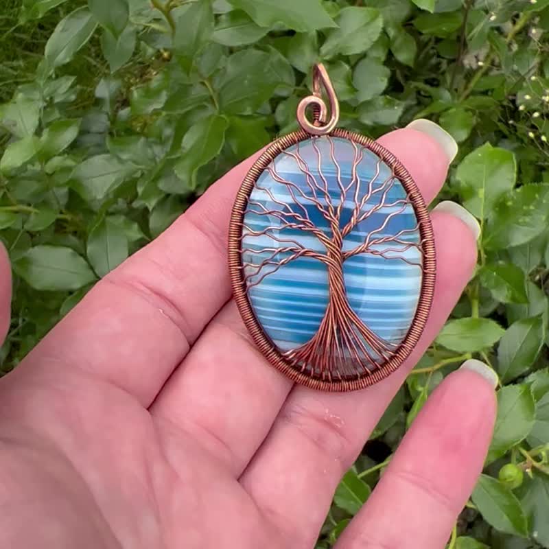 Agate Pendant Tree-Of-Life Necklace Copper Wire Wrapped Necklace - 项链 - 半宝石 蓝色