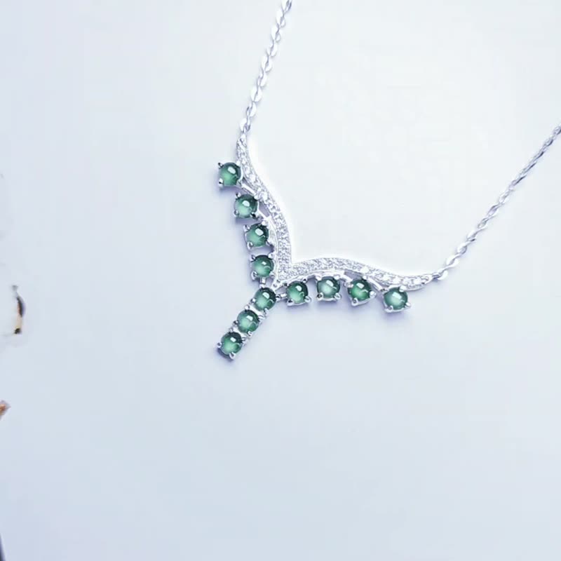 |蓝水|缅甸A货翡翠冰玻蓝水放光蛋面纯银镀18k多颗Y字项链 - 项链 - 玉石 