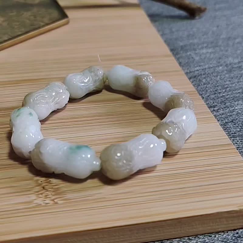纯翠 天然翡翠 冰黄翡半山半水百事来财 特殊色白菜手串 - 手链/手环 - 玉石 多色