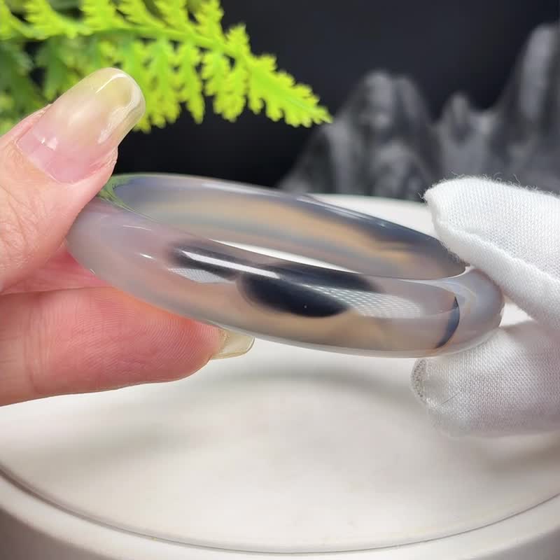 玛瑙手镯 水墨画风 黑灰色 55+mm - 手链/手环 - 半宝石 