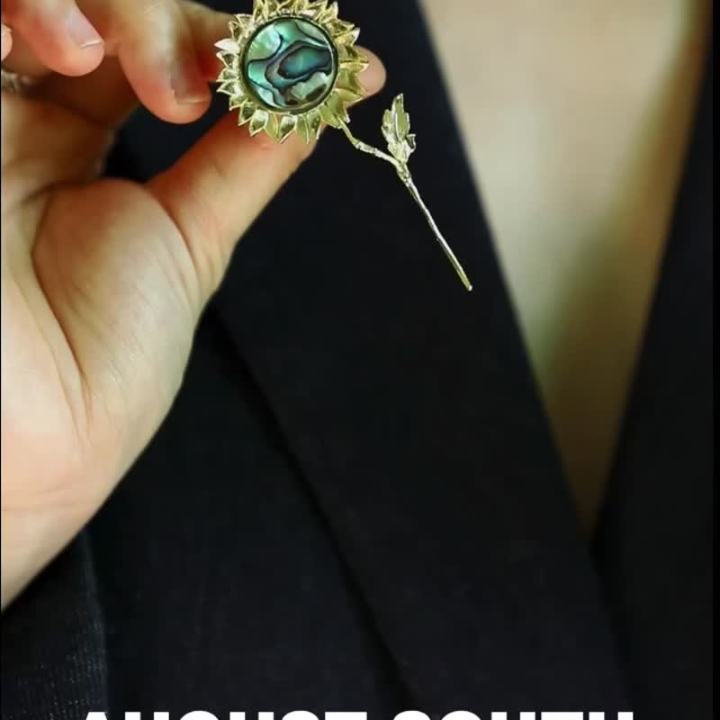 向日葵螺钿胸针镀金胸花植物太阳花优雅礼物花语沉默的爱天然贝壳 - 胸针 - 贵金属 