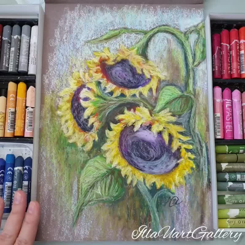 Sunflowers Painting Floral Original Art Flower Wall Art Oil Pastel Painting - 海报/装饰画/版画 - 其他材质 多色