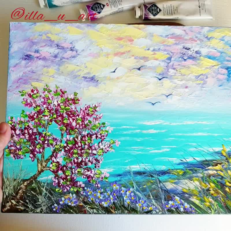 Seascape Painting Tree Original Art Landscape Wall Art Impasto Oil Painting - 海报/装饰画/版画 - 其他材质 多色