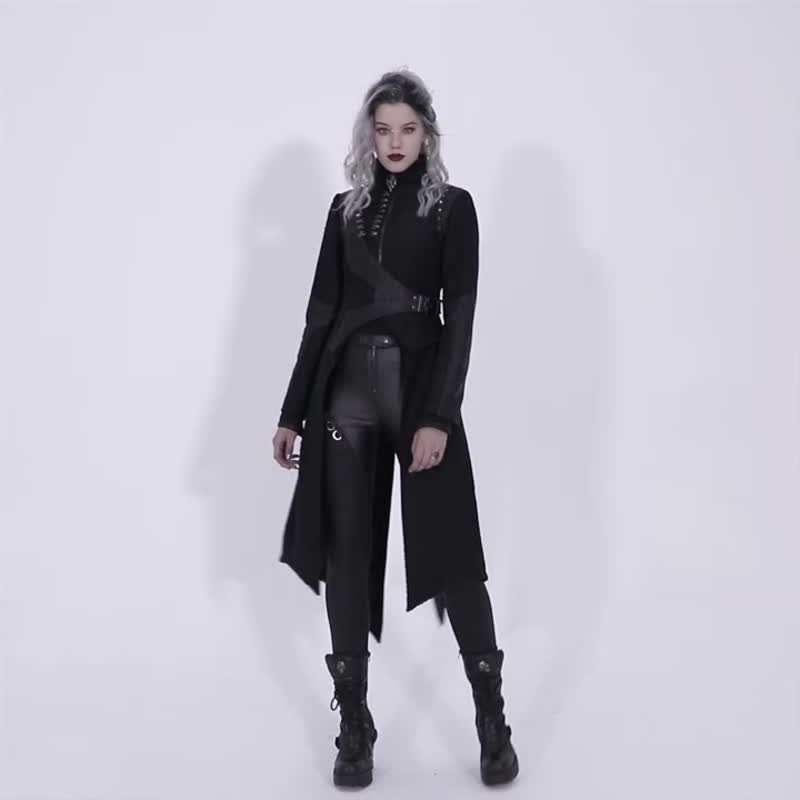 庞克镇尼裂纹立领长外套 - 女装休闲/机能外套 - 其他材质 黑色