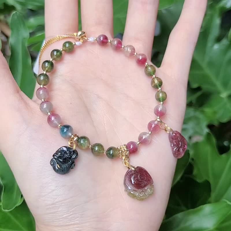顶级稀有西瓜碧玺 聚宝盆 如意 招财 彩虹 七脉轮 手链 单品 礼物 - 手链/手环 - 宝石 多色