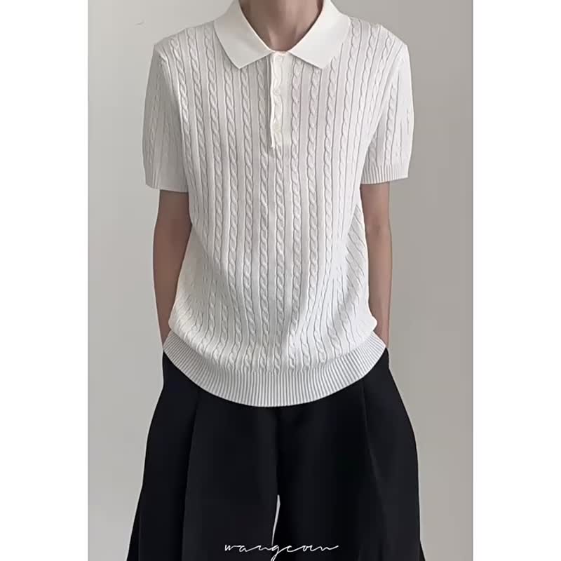 极简老钱风 针织翻领短袖T恤 - 男装上衣/T 恤 - 其他材质 白色