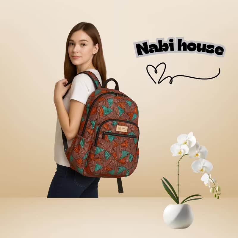 非洲印花手工绗缝后背包 – Nabi House - 后背包/双肩包 - 棉．麻 咖啡色