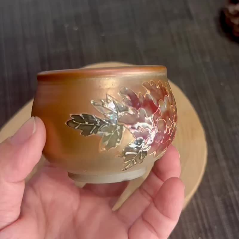柴烧釉彩牡丹杯 - 茶具/茶杯 - 陶 