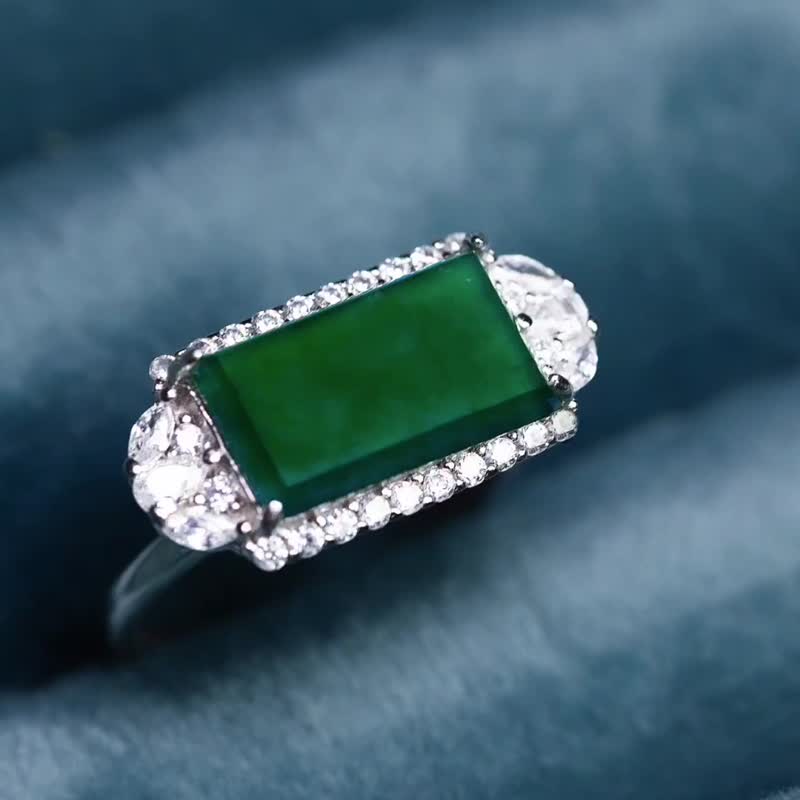 |贵气无事牌|A货翡翠老坑种冰玻辣绿大无事牌12.7mm纯银镀金戒指 - 戒指 - 玉石 