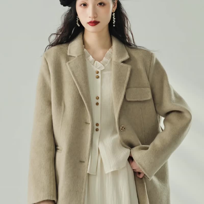秋冬新品 西装式系腰带高级感秋冬时尚毛呢外套 燕麦色 - 女装上衣 - 其他材质 