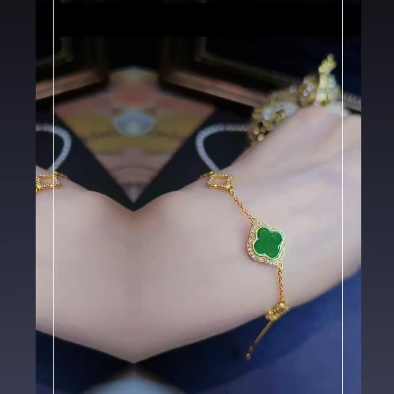 财富•幸运|高贵阳绿四叶草|缅甸A货翡翠纯银订制款手链 - 手链/手环 - 玉石 