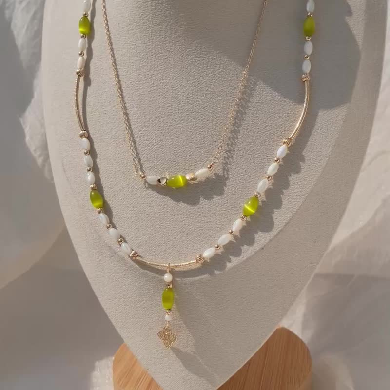 淡水珍珠_人工绿猫眼石_项链_迷人光晕_古风汉服饰品_铜镀 14K 金 - 项链 - 珍珠 绿色