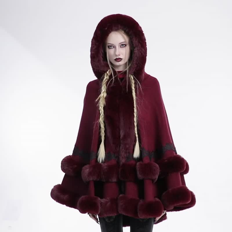 斯拉夫女巫宫廷毛绒连帽斗篷 - 红 / 黑 / 宽松版型 - 女装休闲/机能外套 - 其他材质 红色