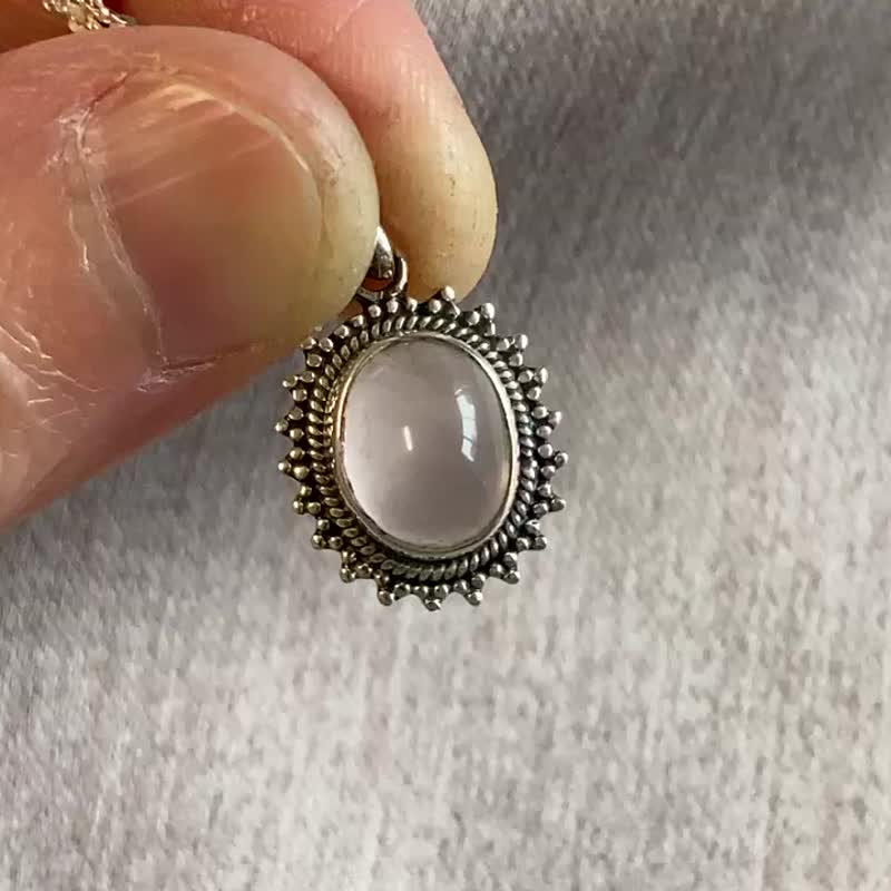 天然 粉水晶 坠 项链 尼泊尔制 925纯银 - 项链 - 水晶 粉红色
