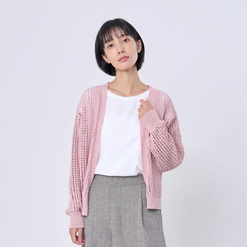 Ginne勾針挑洞開襟罩衫/黛綠 - 女装针织衫/毛衣 - 棉 粉红色