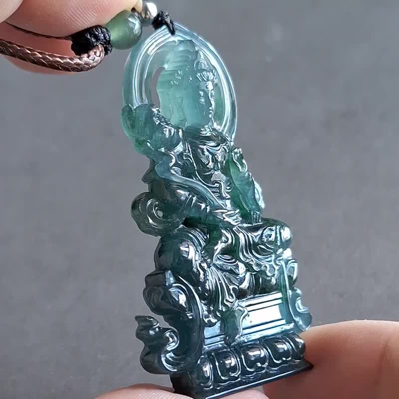 冰种翡翠度母吊坠 | 天然危地马拉翡翠 | 玉坠吊咀 - 项链 - 玉石 蓝色