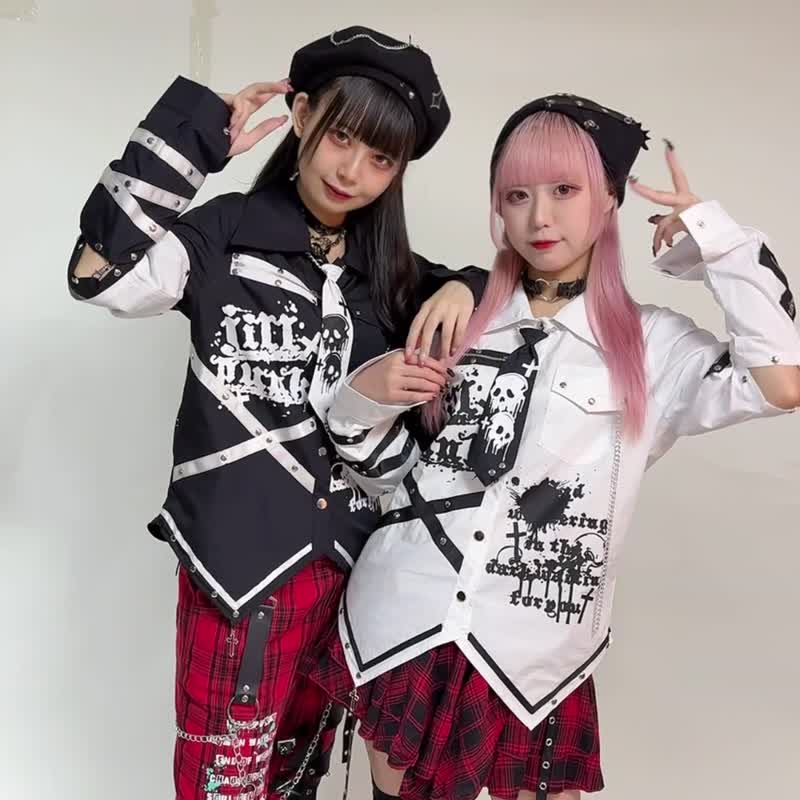 原创庞克死灵戒备银链铆钉臂章十字架吊饰接袖衬衫附领带【JJ2497 - 男装衬衫 - 聚酯纤维 