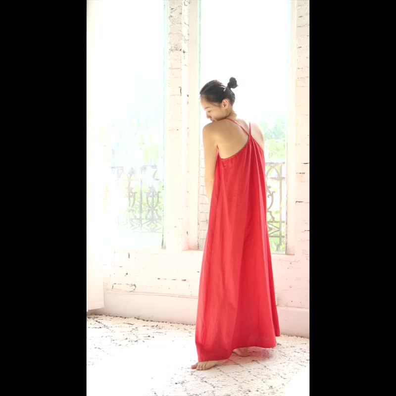 OMAKE Y背细肩带长洋装 粉红 - 洋装/连衣裙 - 棉 红色