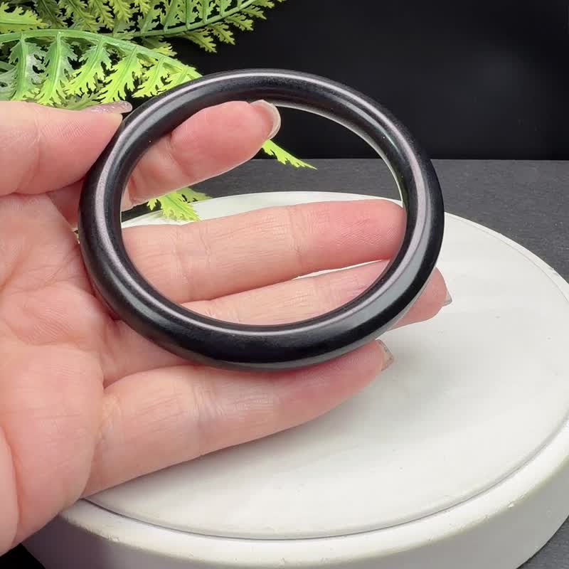 收藏级 和田玉墨玉手镯 59MM 老料圆条黑玉手环 附证书 古意盎然 - 手链/手环 - 玉石 黑色