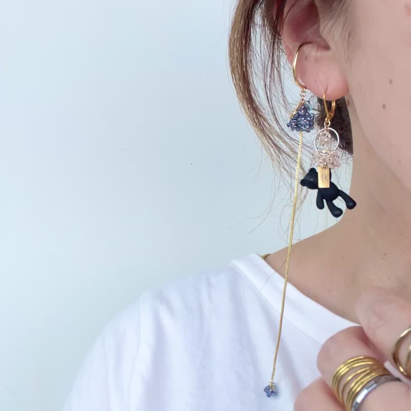 黑熊耳饰 - 耳环/耳夹 - 玻璃 黑色