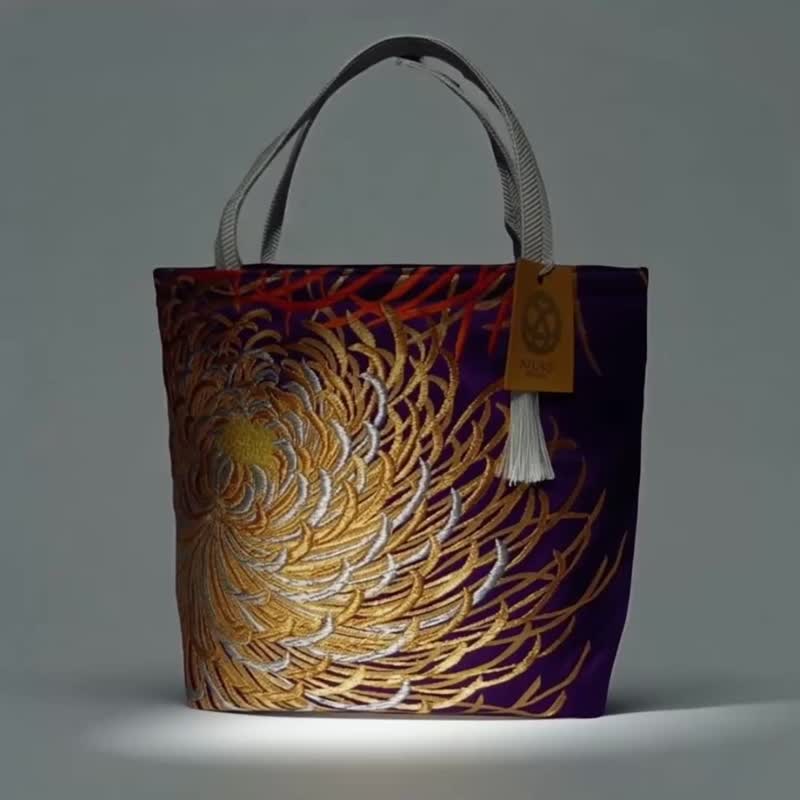 独一无二真丝和服带托特包, 手工刺绣环保改造日本手袋 - 手提包/手提袋 - 丝．绢 金色