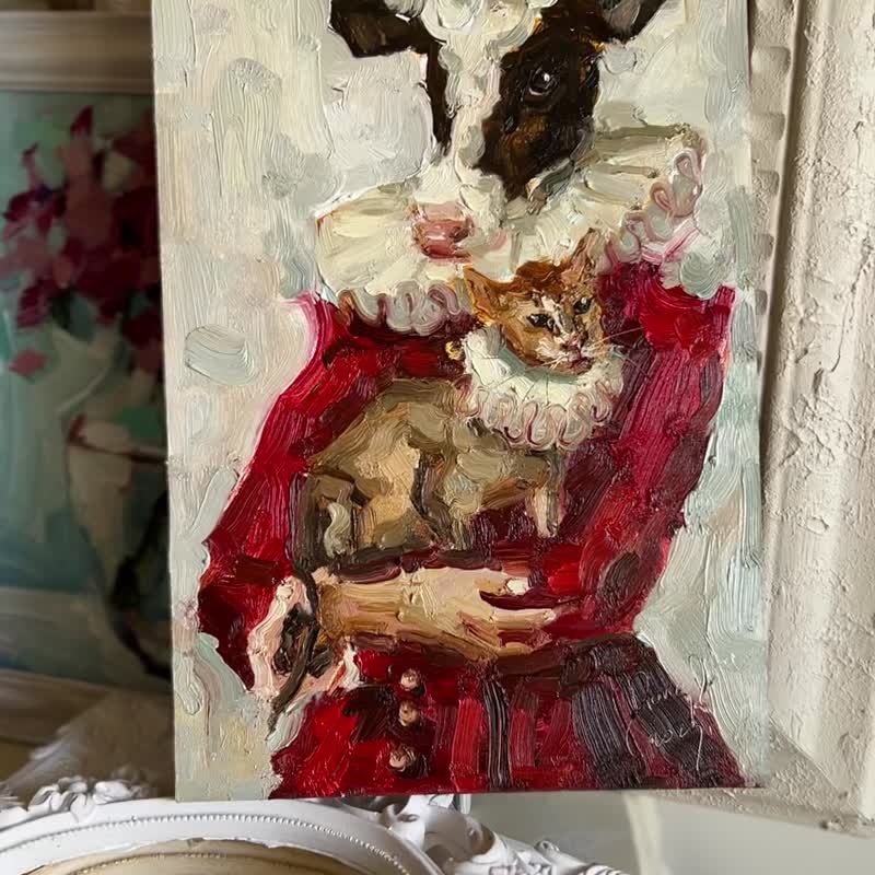 棕牛画原创油画动物画牛与猫肖像 - 墙贴/壁贴 - 其他材质 红色