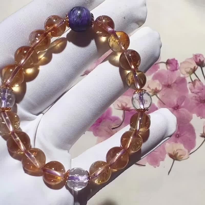 设计款纯手工制作黄水晶蓝针羽毛紫龙晶手链 - 手链/手环 - 宝石 多色