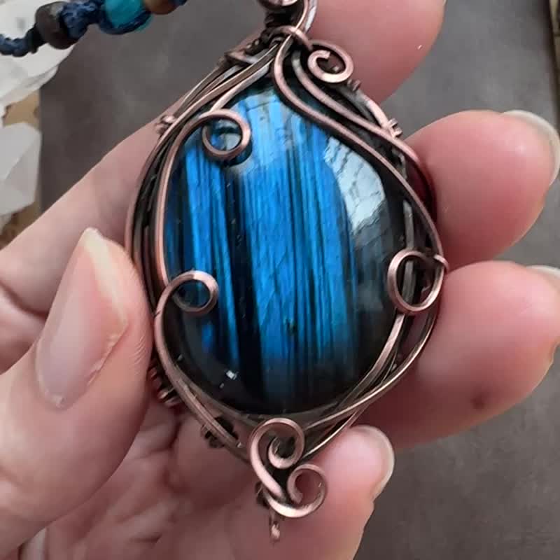 WW315 全手工编织 绕铜线复古做旧 wire wrap 拉长石吊咀 - 项链 - 铜/黄铜 咖啡色